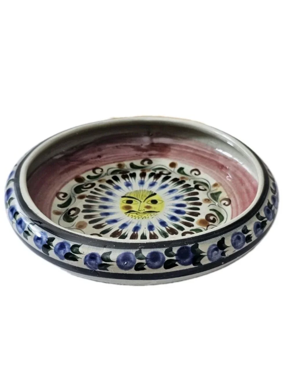 Vtg Tonala Mexico Folk Art Floral Pottery Signed Cat Bowl Trinket Dish Large.